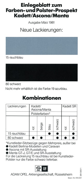  Ascona B Einlegeblatt zum Farben- und Polster-Prospekt Kadett/Ascona/Manta Ausgabe März 1981 03/1981