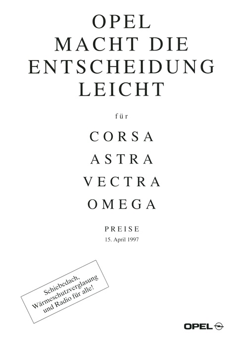  Astra F Opel macht die Entscheidung leicht für Corsa, Astra, Vectra, Omega<br>Angebote mit Schiebedach, Colorglas und Radio 15.04.1997