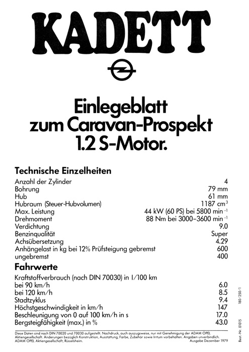  Kadett D Einlegeblatt zum Caravan-Prospekt<br>1.2 S-Motor. 01/1980