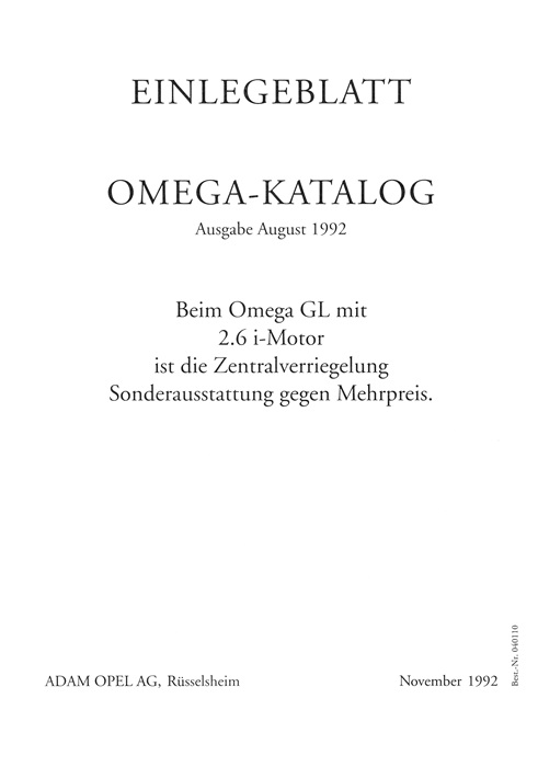  Omega A Einlegeblatt Omega-Katalog<br>Ausgabe August 1992 11/1992
