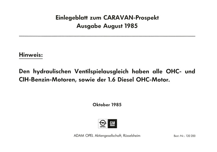  modellübergreifend Einlegeblatt zum CARAVAN-Prospekt<br>Ausgabe August 1985 10/1985