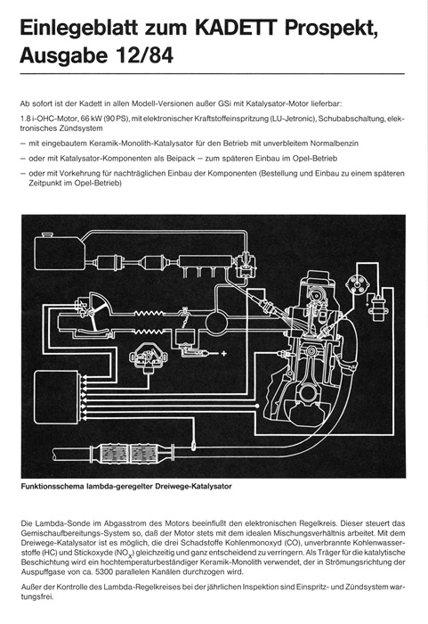  Kadett E Einlegeblatt zum Kadett Prospekt, Ausgabe 12/84 05/1985