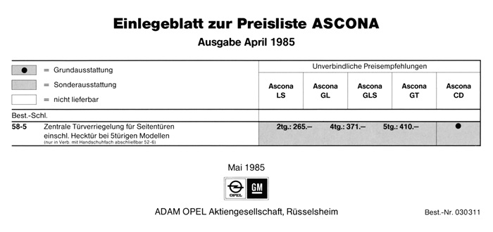  Ascona C Einlegeblatt zur Preisliste Ascona Ausgabe April 1985 05/1985